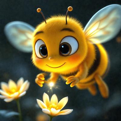 The primary subject of the image is a cartoon bee with a smile on its face. The bee is flying over a field of yellow flowers, which are the primary focus of the scene. The visual style of the image is digital art, as it is a cartoon-like illustration. The colors and mood of the image are bright and cheerful, with the yellow flowers and the smiling bee creating a warm and inviting atmosphere.